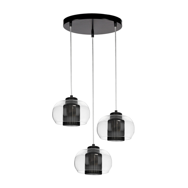 Lampa wisząca Cordia 3xE14 Max.9W Czarny metal/Przezroczysty kabel PVC/Czarny klosz z tkaniny/Szkło przezroczyste