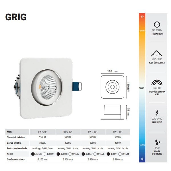 Oprawa wpuszczana GRIG 8W neutralna 4000K szer. 11cm biały 60 st