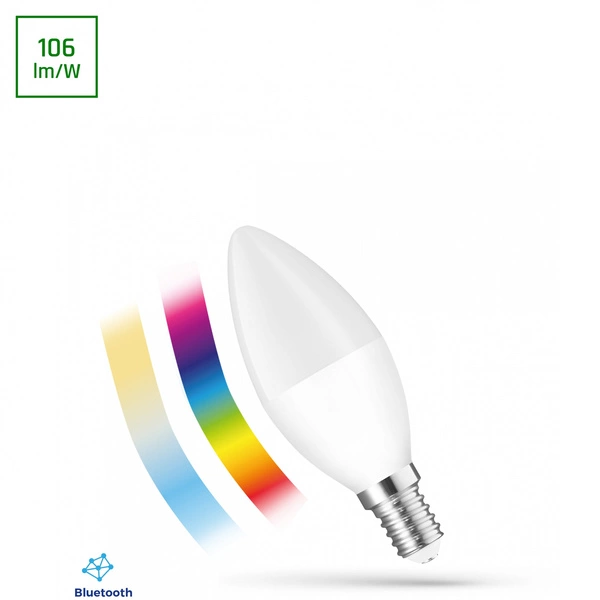 Żarówka LED ŚWIECOWA sterowana Bluetooth RGBW + CCT  barwa 2700 - 6000K 4,9W E14 SMART Simply multikolor