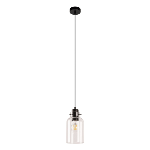 Lampa wisząca Alessandro 1xE27 Max.60W Drewno bukowe orzechowe/Czarny metal/Czarny kabel PVC/Szkło przezroczyste