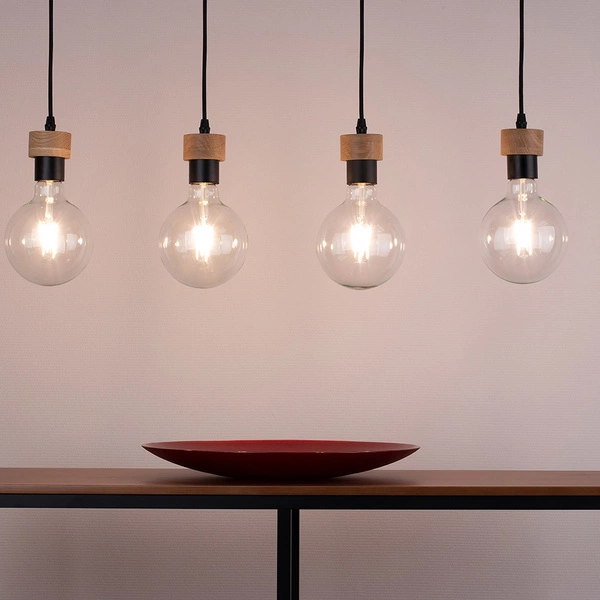 Drewniana lampa wisząca Clarte 4xE27 maks. 60W Dąb olejowany/Czarny metal/Czarny kabel z tkaniny 3274474