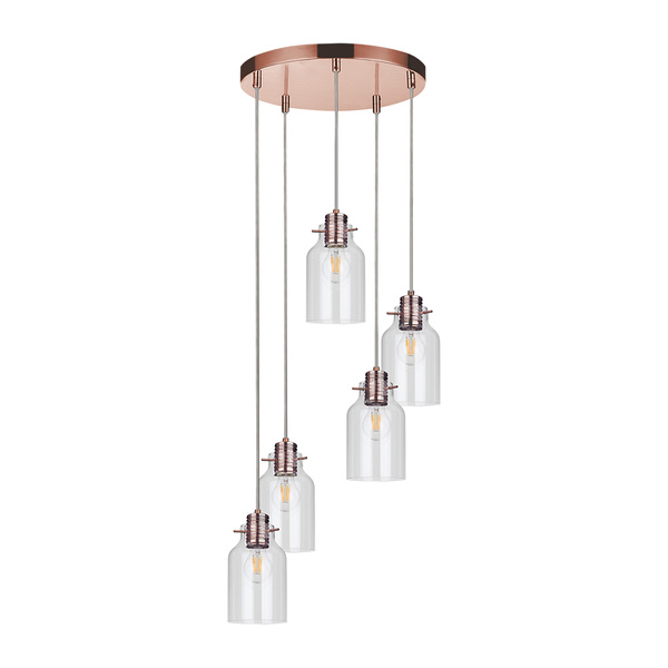 Lampa Wisząca Alessandro 5xE27 Max.60W Miedź Metal/Przezroczysty Kabel PCV/Przezroczyste Szkło